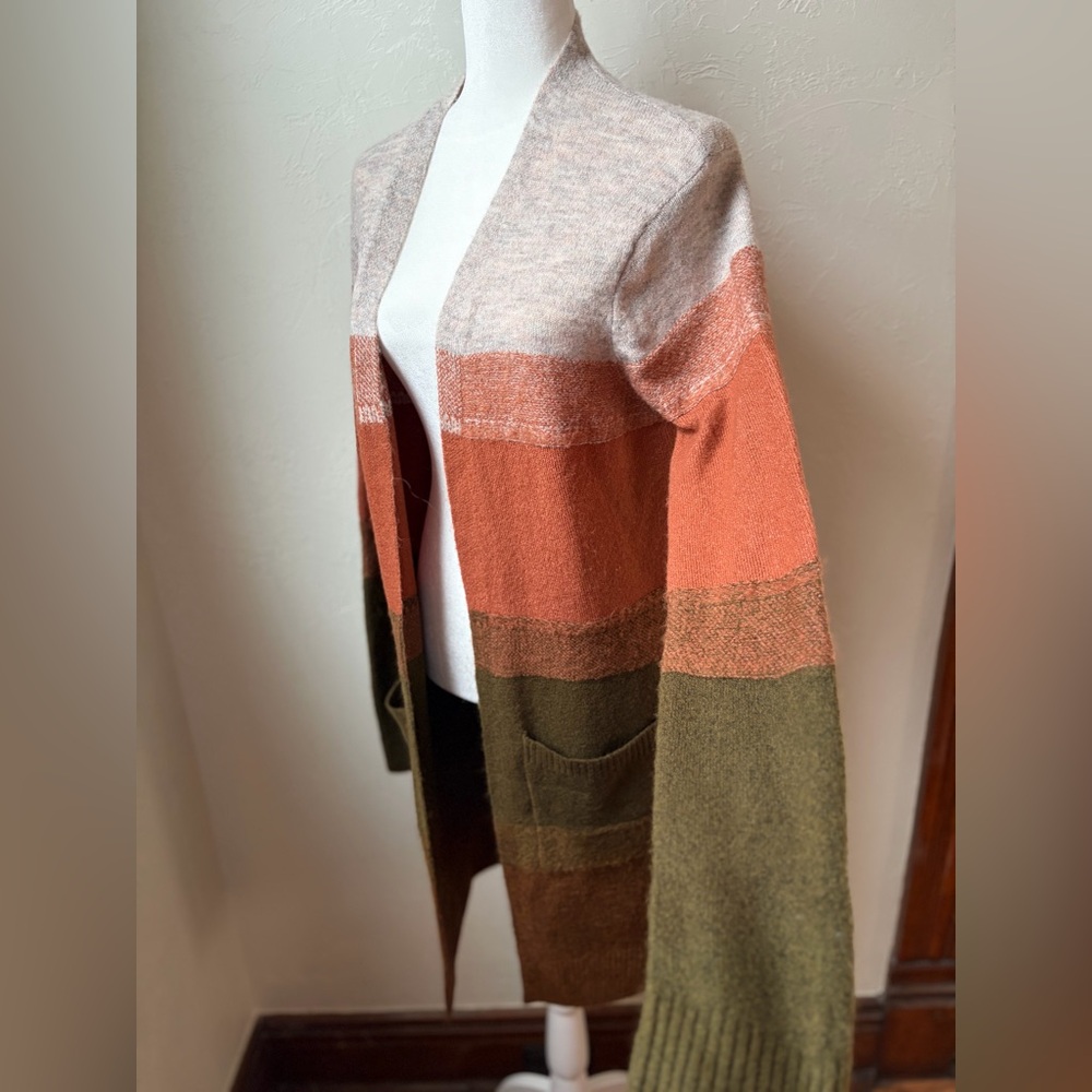 Hem & Thread Women’s Striped Open Cardigan Size M Cream, Green & Burnt Orange - Picture 5 of 7